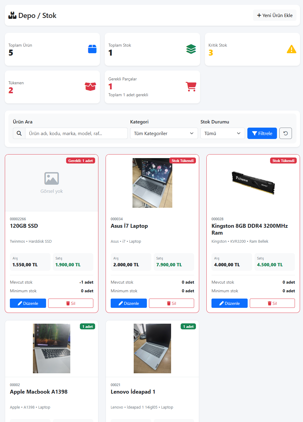 Depo ve stok yönetimi ekranı